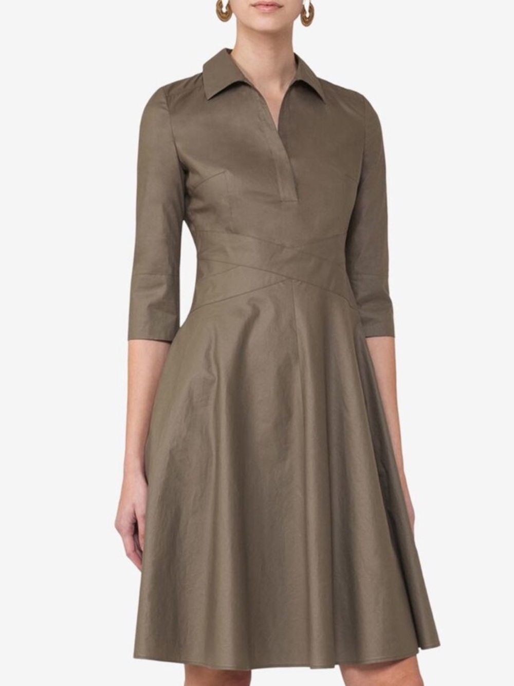 AKRIS PUNTO 3/4 Sleeve Crossover Waist Shirt Dress in Taupe - EUC, 4